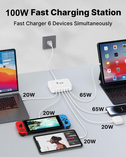 USB C Fast Charger, 100W GaN 6 Port USB C Fast Charging Station Hub Block Cube, QC USB A and PD USB c Wall Charger Power Multiple USB Charger Plug for iPhone 16 15 14 13 12 Pro Max, MacBook, Samsung