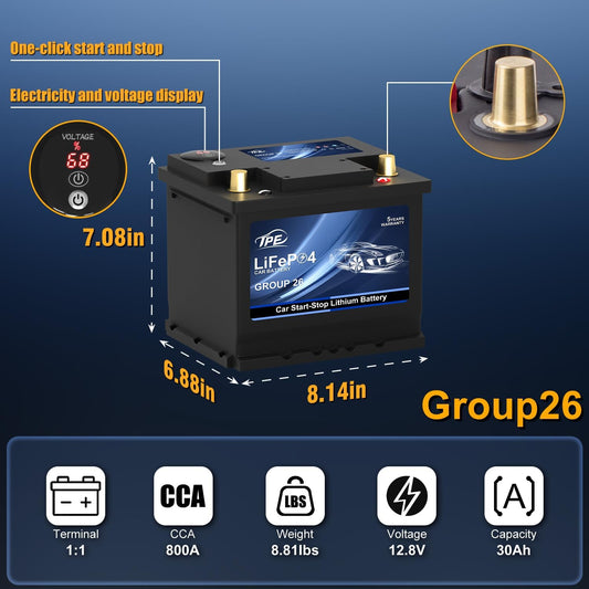 TPE Car Start Stop System BCI Group26 LiFePO4 Lithium-ion Battery 12.8V 800A Lightweight High Performance Battery Battery Level Display Left Negative Right Positive