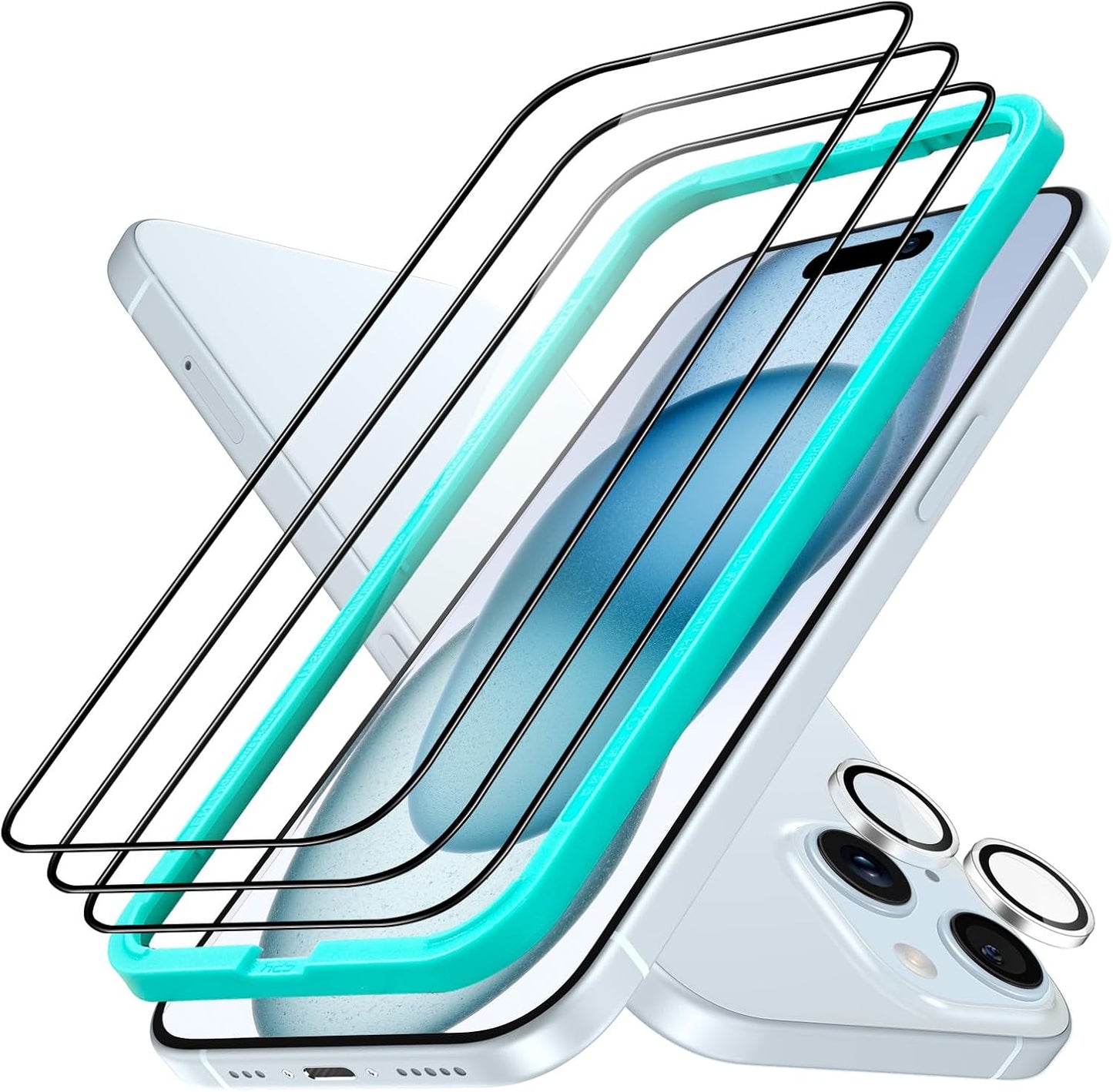 ESR 3+1 Pack for iPhone 15 Screen Protector, [9H Hardness] [Military Grade Shatterproof] Full Coverage Ultra-tough Tempered Glass Film with Easy Installation Frame, 1 Set of Camera Lens Protector