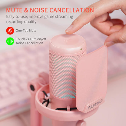 FEELWORLD VM1 Pink Gaming PC USB Microphone Condenser Mic with Noise Cancellation Mute RGB Light, Computer Accessories Gifts for Gamer YouTube Twitch Podcast Streaming Recording Online Chat PS4 PS5