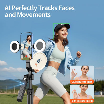 70.9" Auto Face Tracking Tripod 360° Rotation with Lights, Motion Sensor Phone Tripod Stand Selfie Stick with Remote, Face Body Gesture Control Phone Camera Holder for Vlog/Live Stream/Video Recording