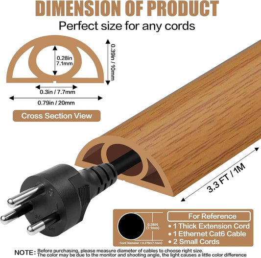 Floor Cord Cover Self Adhesive Cord Hider,3.3FT Cable Management, Extension Strip Protector for Wires, Prevent Cable Trips for Offices, Gyms, Exhibitions Cavity:0.3"(W) x 0.28"(H) Brown Wood