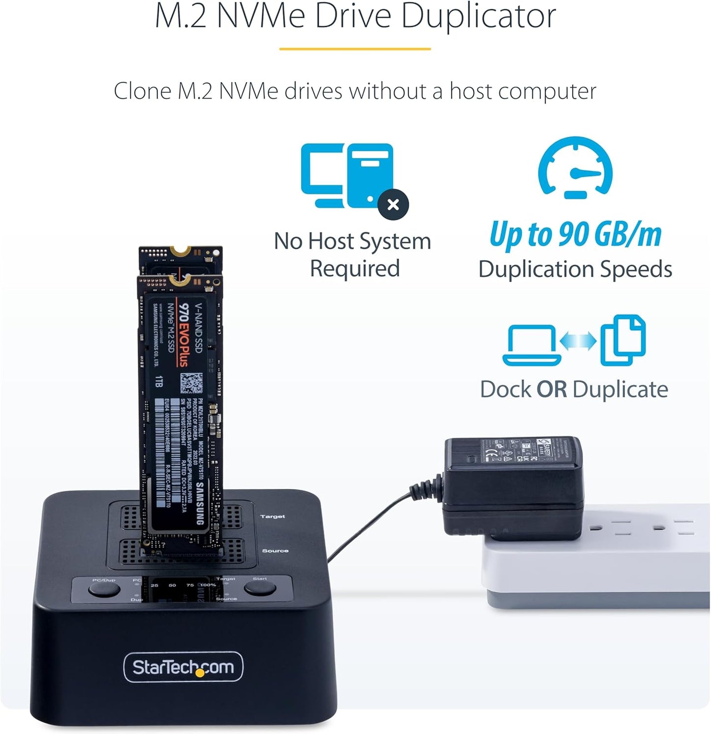 StarTech.com 1:1 M.2 NVMe Drive Duplicator, 90GBpm Standalone M.2 SSD Cloner/Copier, USB-C 3.2 20Gbps M.2 Dual-Bay Drive Dock