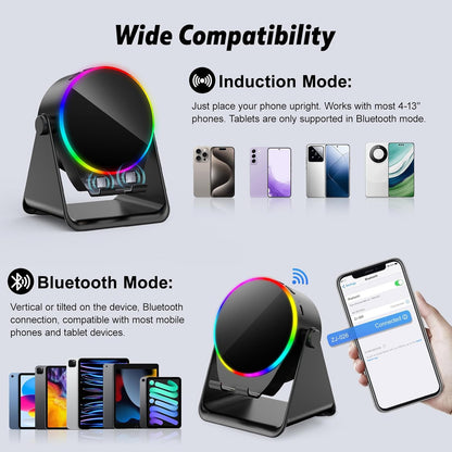 Wireless Induction Speaker- 4 in1 Bluetooth Speaker Phone Stand with Colorful Ambient Light 360° Rotation Compatible with iPhone/Android/iPad/Samsung Galaxy- Unique Birthday Gift for Men Women Adults
