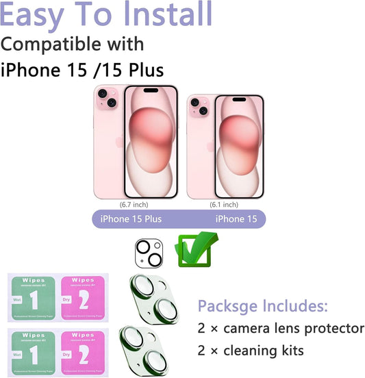 2 Pack Camera Lens Protector for iPhone 15 / iPhone 15 Plus,[Not Easy to Breakn ] AR Tempered Glass Strong Adsorption Metal Camera Cover Screen-Light Green