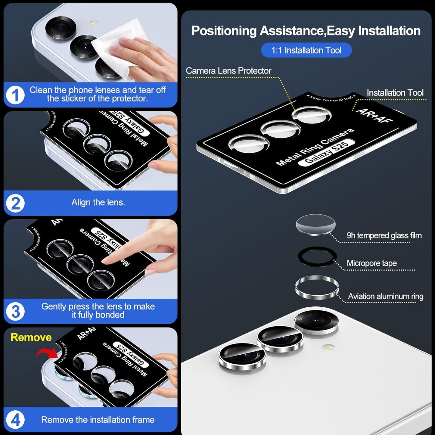 for Samsung Galaxy S25 Camera Lens Protector, Individual Metal Ring Tempered Glass Lens Cover, [Strong Adsorption] Scratch Resistant Ultra-Thin HD Clear Lens Cover, 1 Set-Slivery Ring