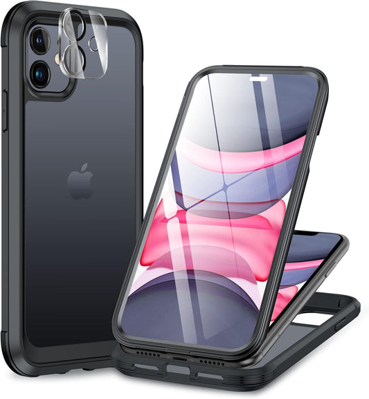 Miracase Glass Series for iPhone 11 Case 6.1 inch, Upgraded Full-Body Rugged Phone Bumper Case Cover with Built-in 9H Tempered Glass Screen Protector and Camera Protector, Matte Black