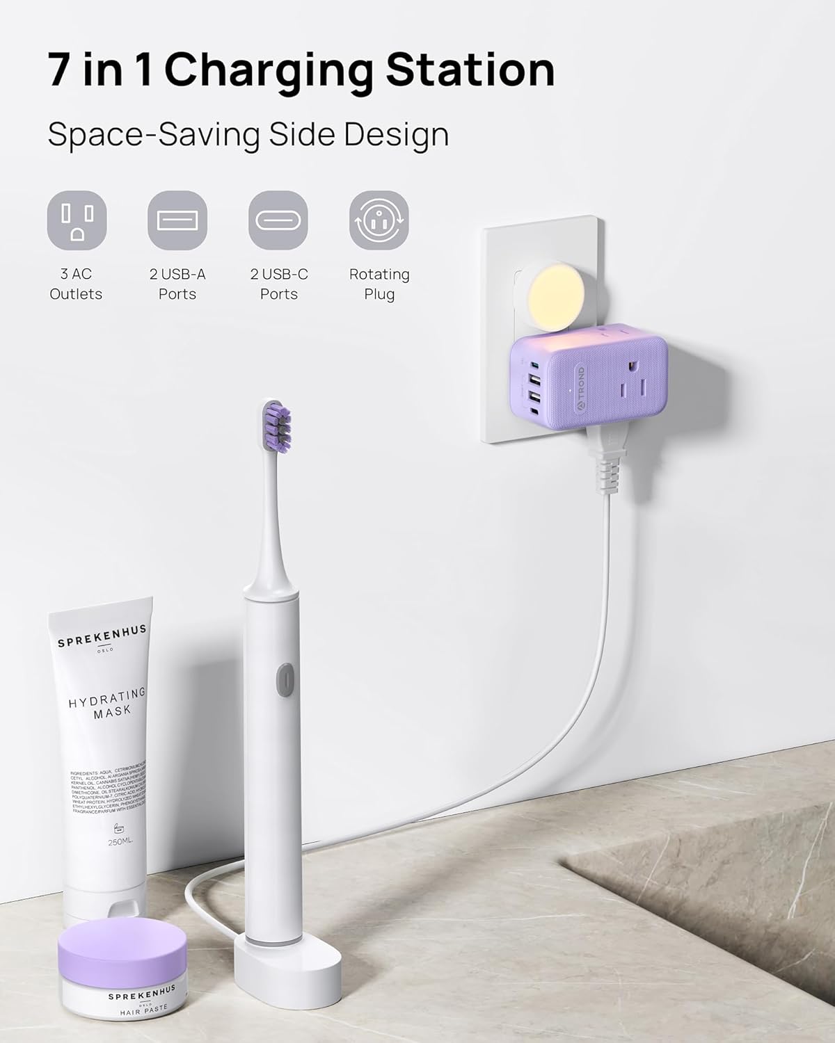 TROND Multi Plug Wall Outlet, 3 AC Outlet Extender with 360 Rotating Plug, Small Wall Adapter with PD 20W USB C, Cute and Durable for Purple Lovers, Goes with All Scenes Purple Vibe