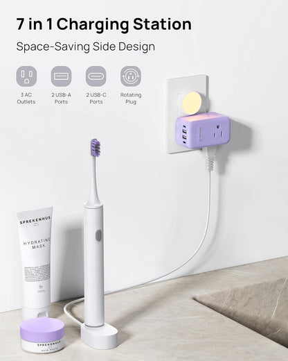 TROND Multi Plug Wall Outlet, 3 AC Outlet Extender with 360 Rotating Plug, Small Wall Adapter with PD 20W USB C, Cute and Durable for Purple Lovers, Goes with All Scenes Purple Vibe