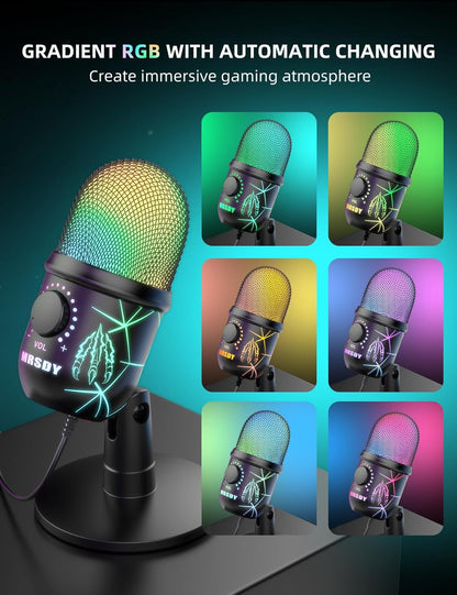 USB Gaming Microphone for PC, Mac, PS4, PS5, Computer Mic with Noise Reduction, Monitor, Mute and RGB, Great for Recording, Streaming, Podcasting