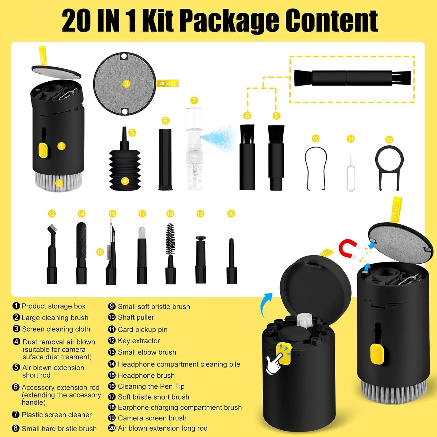 walrfid Laptop Phone Screen Cleaner Kit, Computer Keyboard Brush Cleaning Spray for iPhone AirPods MacBook iPad, 20-in-1 Electronic Device Clean Tool for Camera Earbud Car Screens (Black)