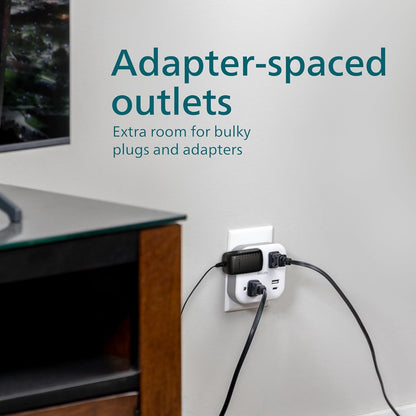 Philips EZFit 3-Outlet Surge Outlet Extender with USB, 1 USB-A, 1 Type-C, Adapter Spaced, Charging Station, 12W, 980 Joules, 2 Pack, White - SPP3605W/37