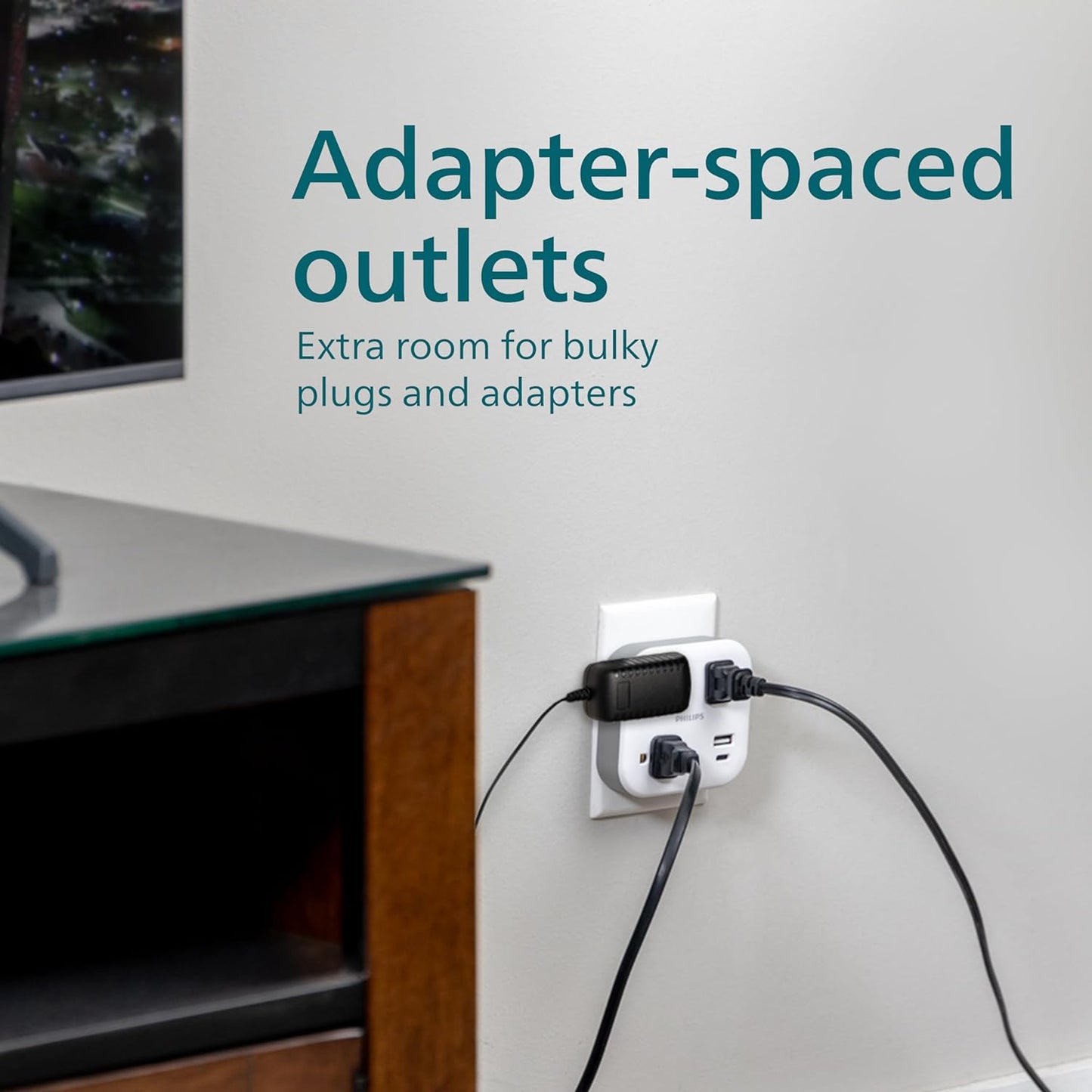 Philips EZFit 3-Outlet Surge Outlet Extender with USB, 1 USB-A, 1 USB-C, Adapter Spaced, Charging Station, 12W, 980 Joules, White - SPP9393W/37