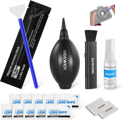 NEEWER 16 in 1 Camera Lens Cleaning Kit, 1x Brush + 1x Air Blower + 1x Cleaning Swab for 24mm Full Frame Sensor + 1x Cleaner Spray + 2X Cloth + 10x Wet Lens Wipe, HM-44