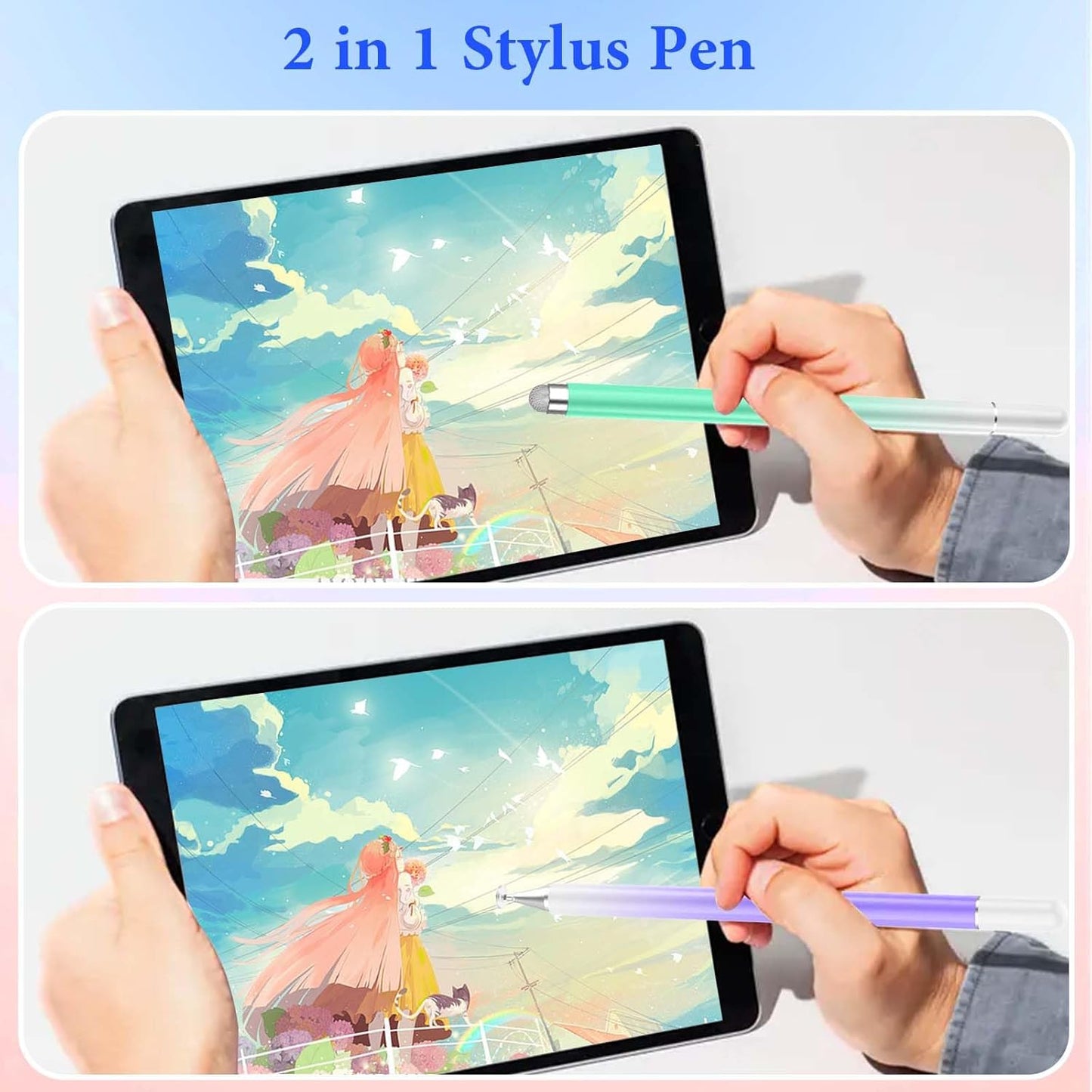 Stylus Pens for Touch Screens(2PCS), High Precision Magnetic Disc Universal Stylus Pen for iPad, 2-in-1 iPad Pen Compatible with iPhone/Pad/Android Tablets and Most Touch Screen(Green/Purple)