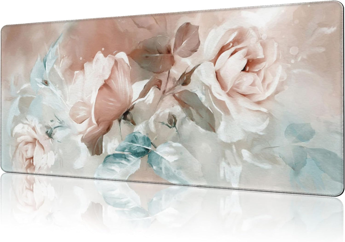 Mouse Pad Large Rose and Leaves Non-Slip Game Desk Mat with Stitched Edge Laptop Keyboard Desk Pad for Work Home Gaming (35.4 x 15.7 Inches)