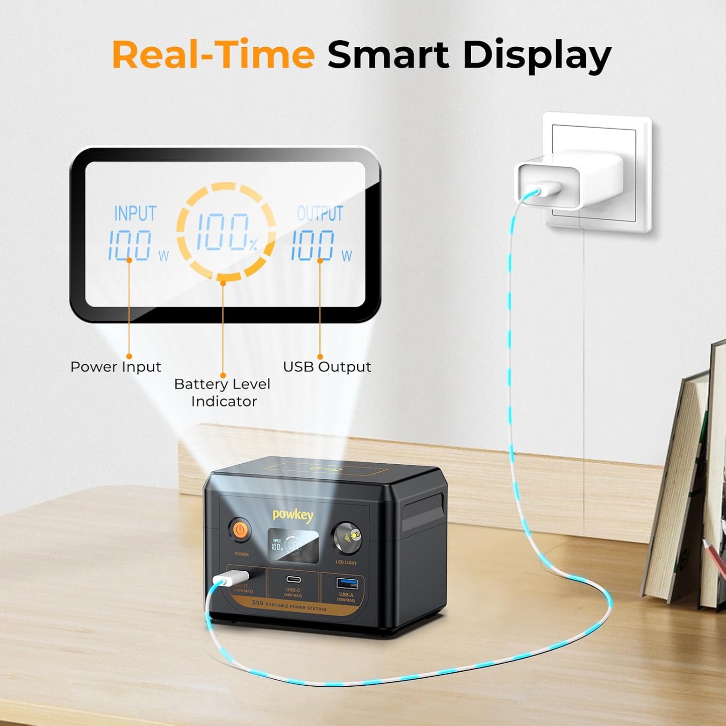 powkey Laptop Power Station 30000mAh 100W Portable Charger PD 3.0 Fast Charging 96Wh LiFePO4 Power Bank with USB-C Cable,Battery Backup for Laptop Phone Travel Camping Office Emergency Home