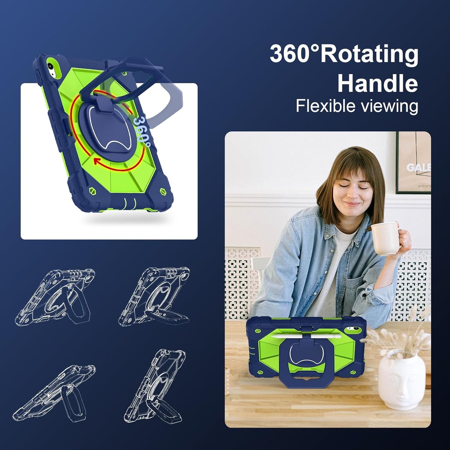 Case for iPad (A16) 11th Generation 11 Inch (2025) / iPad 10th Generation Case 10.9 Inch (2022) with 360° Rotating Stand Screen Protector Pen Holder Shoulder Strap, Navy Green