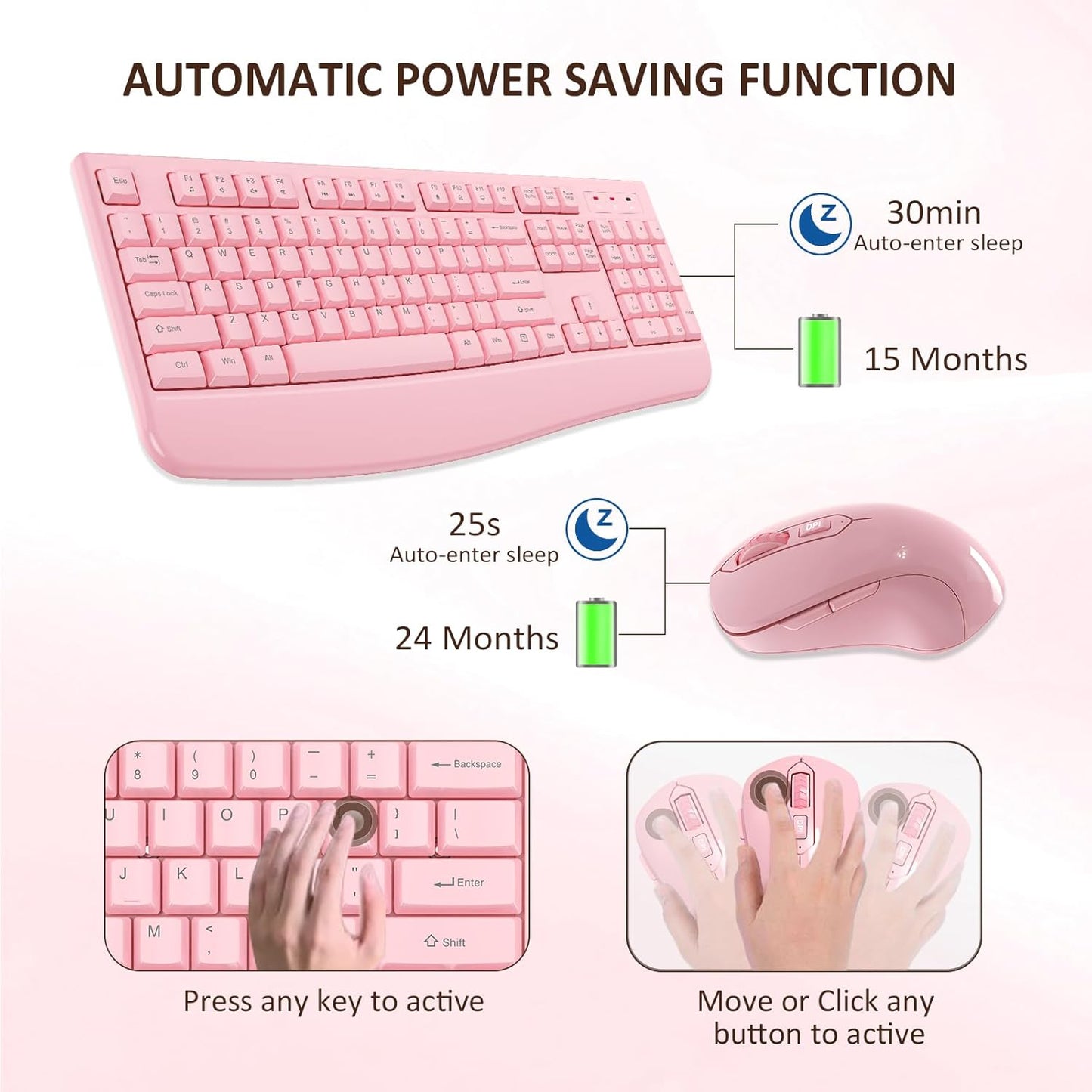 Wireless Keyboard and Mouse Combo, EDJO 2.4G Full-Sized Ergonomic Computer Keyboard with Wrist Rest and 3 Level DPI Adjustable Wireless Mouse for Windows, Mac OS Desktop/Laptop/PC (Pink)