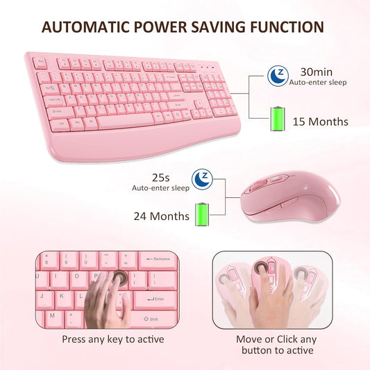 Wireless Keyboard and Mouse Combo, EDJO 2.4G Full-Sized Ergonomic Computer Keyboard with Wrist Rest and 3 Level DPI Adjustable Wireless Mouse for Windows, Mac OS Desktop/Laptop/PC (Pink)