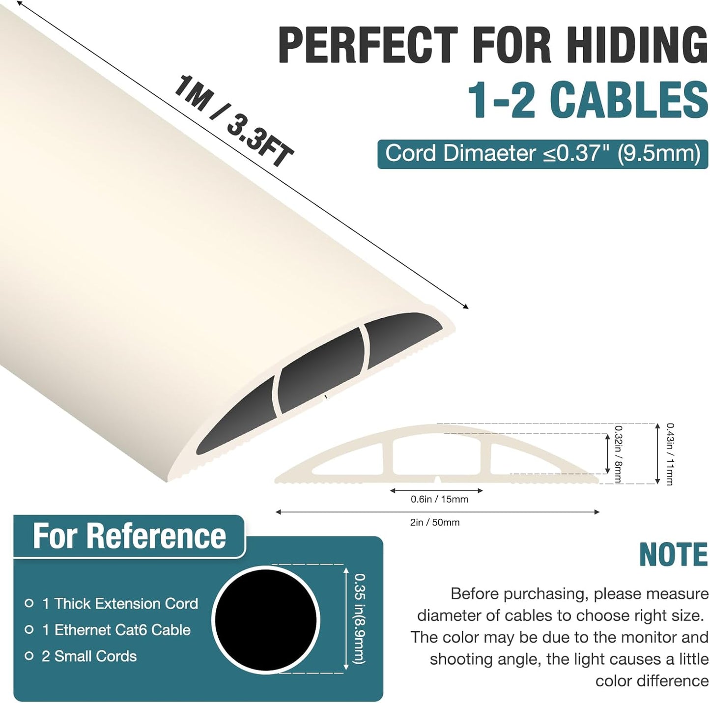 Floor Cord Cover, Cable Protector, 0.63W x 0.31H inches, Wire Cover for Extension Cords, Floor Cable Covers Prevent Cable Trips (Beige, 50-3 Feet)