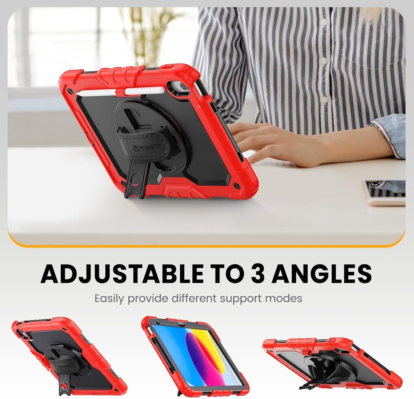 timecity for iPad (A16) 11th/ 10th Generation Case 11''/ 10.9 Inch (2025/2022) - Heavy Duty Protective Cover with Screen Protector, Stand, Shoulder Strap & Pencil Holder | Kids-Friendly - Red