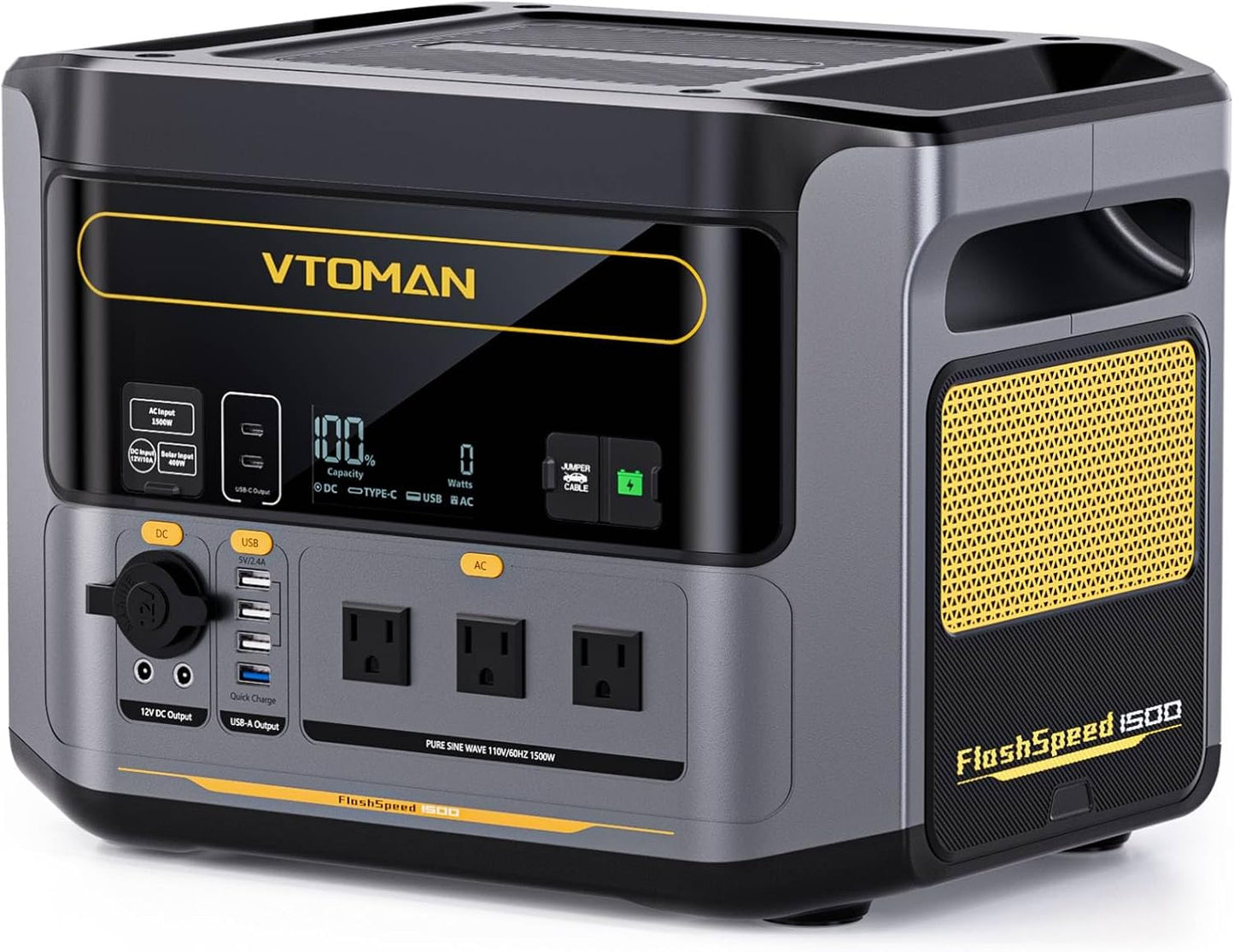 VTOMAN FlashSpeed 1500 Portable Power Station 1548Wh - Recharge 0-100% within 1H, LiFePO4 Battery Powered Solar Generator with 110V/1500W AC Output/Input, 100W USB Port for Camping, Home Backup