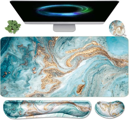 Keyboard Mouse Pad Set, Extended Mouse Pad+Keyboard Wrist Rest Support, Memory Foam Ergonomic Easy Typing, 3Pcs (35.4×15.7 in) Desk Pad Set for Home Office Study Game-Green Marble