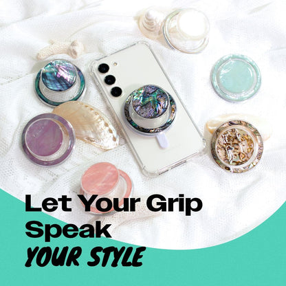 OnTheGrip Cute Natural Seashell Design Round Shape Collapsible Mobile Phone Grip Stand Holder for Smartphone Tablet Cell Phone Accessory (Peach)