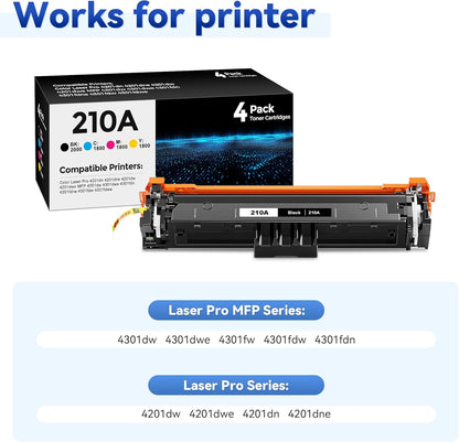 210A Toner Cartridge 4Pack Compatible with HP 210A 210X Toner Cartridge with 210A Toner Color Laser Jet Pro MFP 4301fdw 4201dw 4201dn 4301fdn 4301fdw 4301dw Printer (Black/Cyan/Magenta/Yellow)