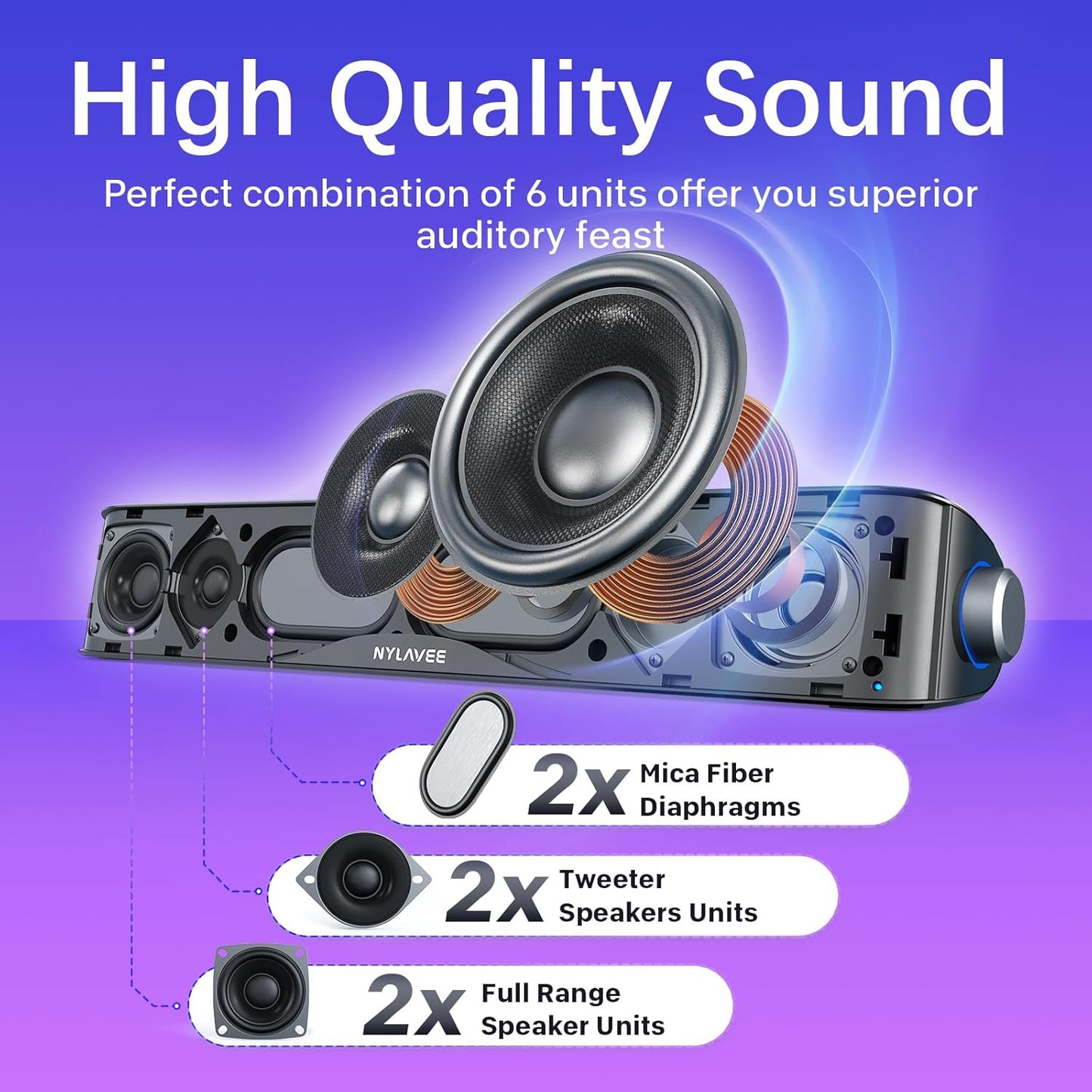 Computer Speakers, HiFi Sound Quality Computer Sound Bar, USB Powered PC Speakers, Bluetooth 5.0 and 3.5mm Aux-in Computer Speakers for Desktop, Laptops, PCs, Phones, Tablets, Xbox, Gaming Speakers