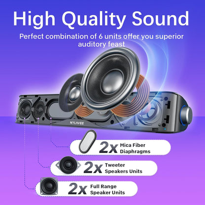 Computer Speakers, HiFi Sound Quality Computer Sound Bar, USB Powered PC Speakers, Bluetooth 5.0 and 3.5mm Aux-in Computer Speakers for Desktop, Laptops, PCs, Phones, Tablets, Xbox, Gaming Speakers