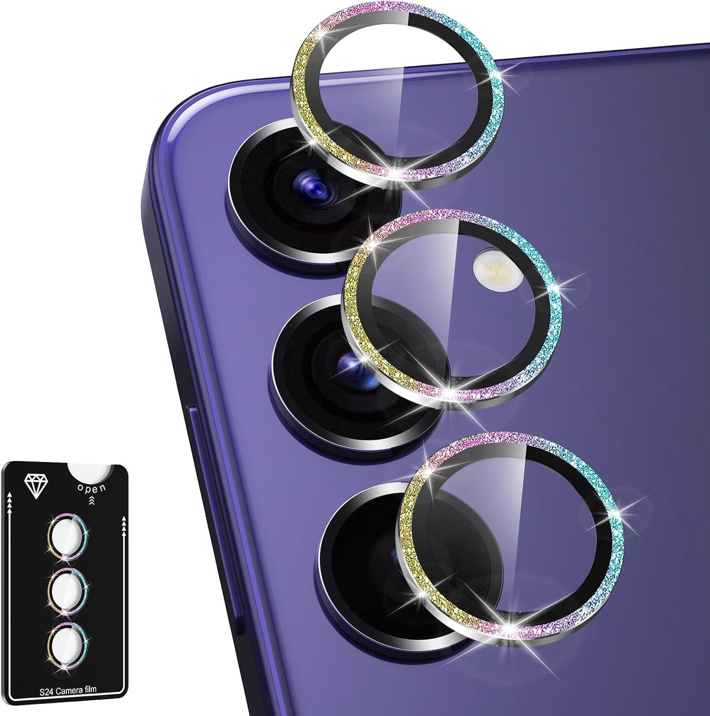 for Samsung Galaxy S24 Camera Lens Protector, Individual Metal Ring Tempered Glass Lens Cover, [Strong Adsorption] Scratch Resistant Ultra-Thin HD Clear Lens Cover, 1 Set-Colorful Sparkly