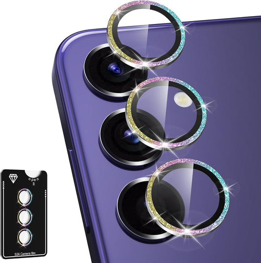 for Samsung Galaxy S24 Camera Lens Protector, Individual Metal Ring Tempered Glass Lens Cover, [Strong Adsorption] Scratch Resistant Ultra-Thin HD Clear Lens Cover, 1 Set-Colorful Sparkly