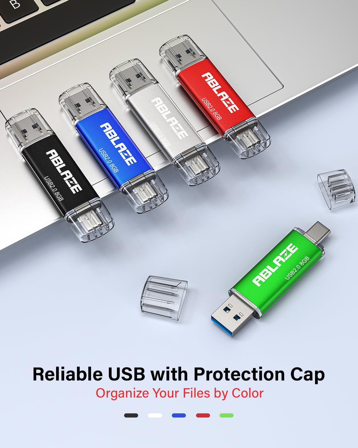 ABLAZE 8GB Type C Flash Drive 10 Pack, Dual USB 2.0+USB C Memory Stick Thumb Drive Compatible with iPhone 16/15, Android Smartphone, Computers, Tablets, Mac,iPad,PC