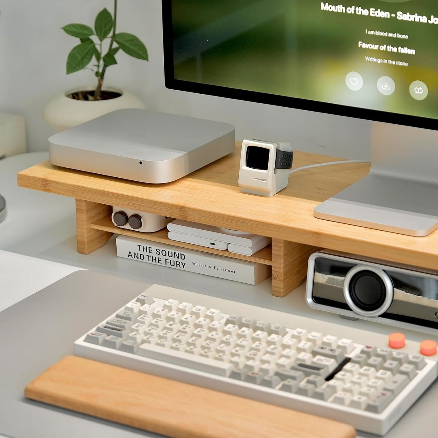 Bamboo Dual Monitor Stand Riser Natural, 2-Tier Desk Monitor Riser for 2 Monitors, Supports for PC Computer Monitor, Printer, Heavy TV Riser up to 300 lbs