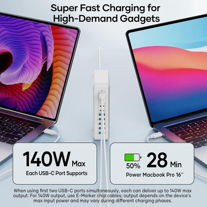 USB C Charger Hub 450W, 10 Ports Charging Station for Multiple Devices, Type C Port 140W Max for Laptops Super Fast Charging, GaN Tech Charging Blocks Comapct Design, Ultra Slim Flat Plug