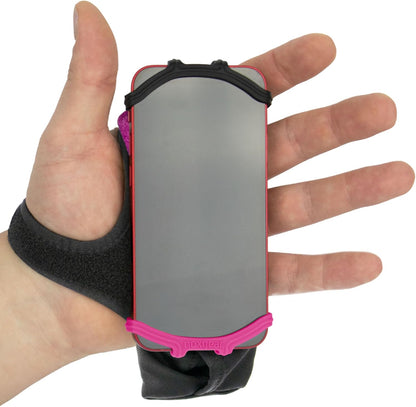 Noxgear Hand Held Phone Holder - Handheld Grip Phone Holder with Key Fob & Card Slot for Running, Jogging & Working Out - Compatible with All Phones - Machine Washable (Raspberry, Left Hand)