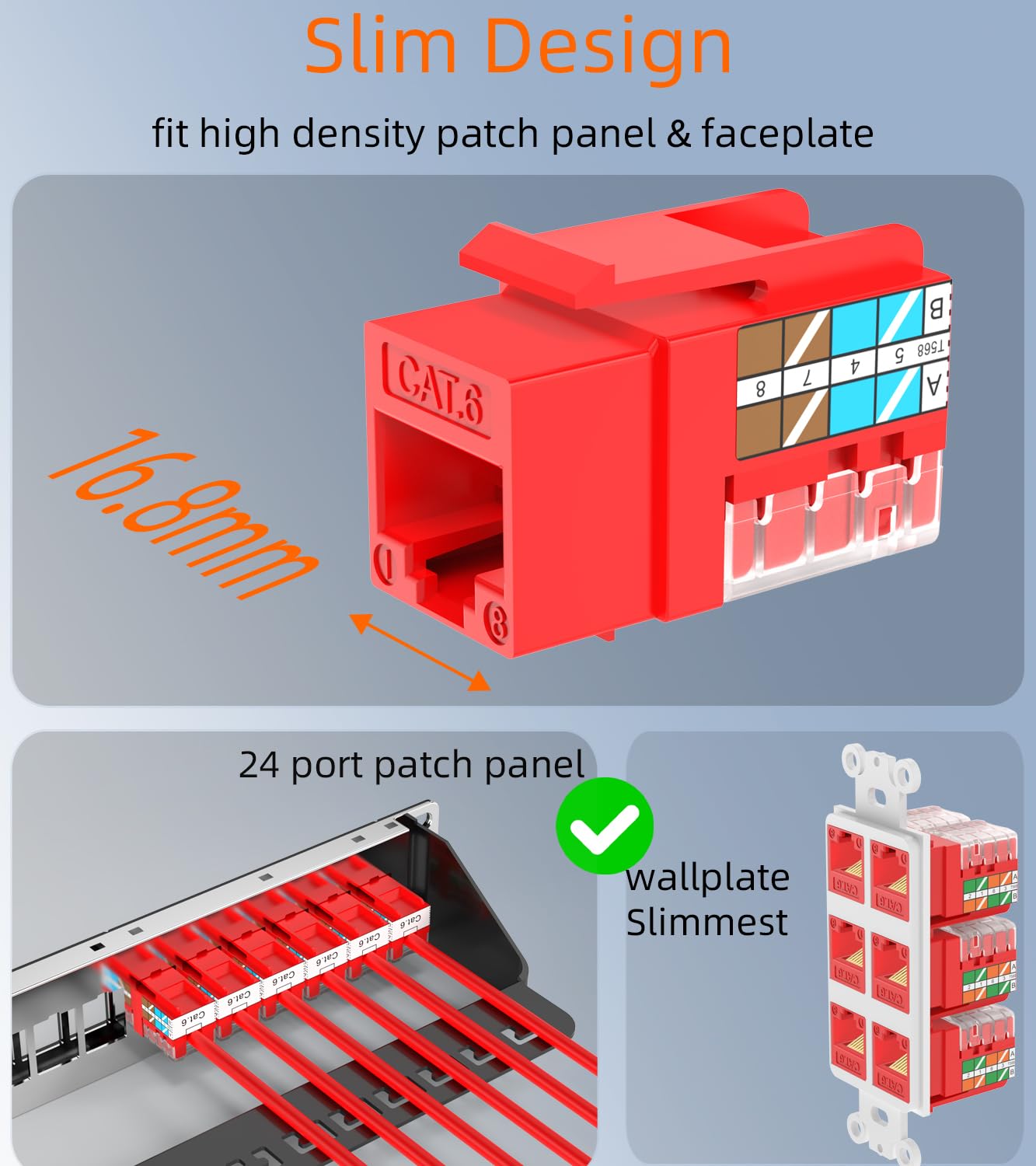 Rapink RJ45 Keystone Jack Cat6 10G Support, Keystone Jacks UTP 25 Pack for Wall Plate and Patch Panel, Rj45 Keystone 90 Degree Red Color for Cat6, Cat5e, Cat5 Cabling