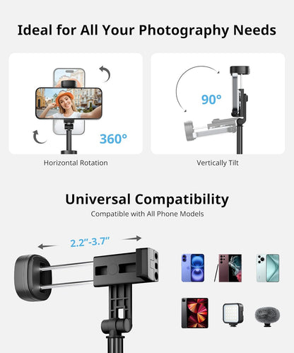 Selfie Stick Travel Tripod for iPhone Wireless Remote for Selfies, Extendable Selfie Stick for iPhone, iPhoneTripod for Video Recording, 60 inch, Black