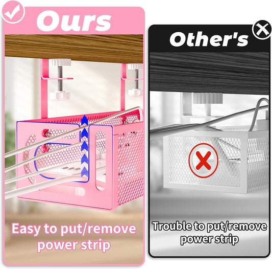 Under Desk Cable Management Tray, 15.7'' No Drill Steel Desk Cable Organizers, Wire Management Tray Cable Management Rack (1 Pack-Pink)