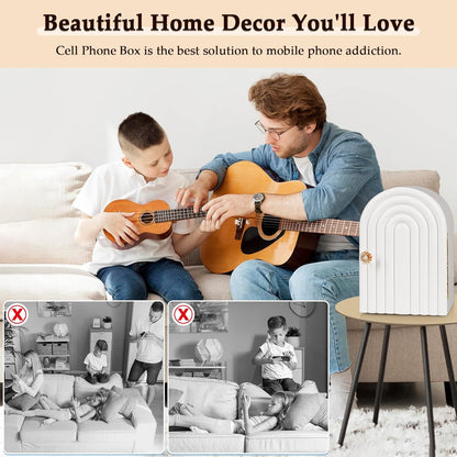 Phone Box for Family Time, Bamboo Cell Phone Jail, 3 Sections Hold 6 Phones, with Charging Holes, Phone Holder Self-discipline Box, Help Kids Adults Focus Back, Mobile Phone Addiction (White)