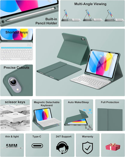 Keyboard Case for iPad 10th Generation 2022 10.9-inch - Rechargeable Detachable Wireless Bluetooth Keyboard - Smart Folio Cover with Pencil Holder for 10.9 inch Apple iPad 10th Generation, Dark Green