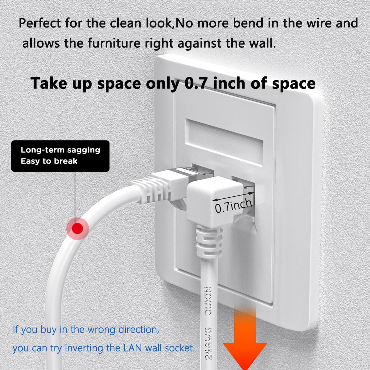 Right Angle Ethernet Extension Cable Down Angle1.5ft-White, 90 Degree CAT6 Ethernet Patch Cable RJ45 LAN Cable Extender Male to Female Connector for Router Modem Smart TV PC Computer Laptop