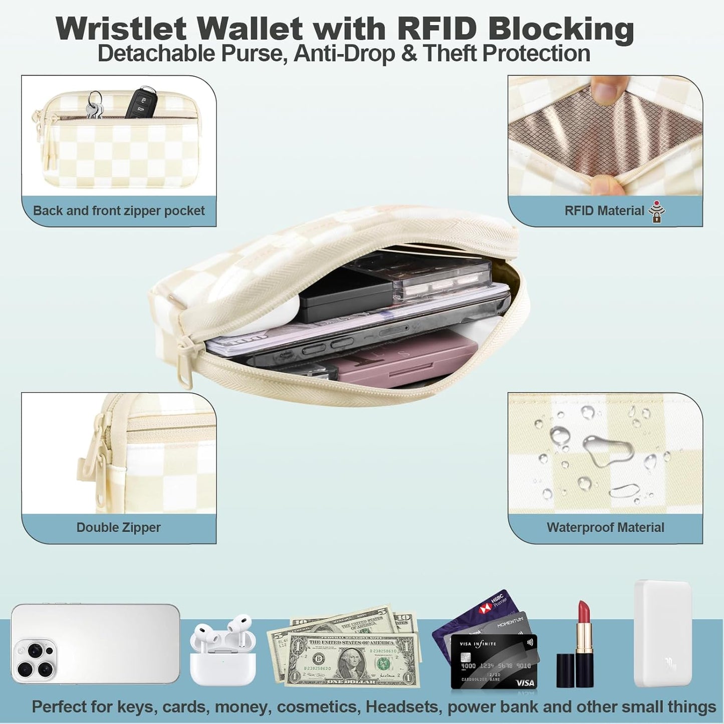 Clip and Go Strap for Phone with Wallet Crossbody, Adjustable Phone Lanyard with Detachable RFID Wristlet Wallet, Phone Strap with Phone Tabs for All Phones, Cream Checkered (L)