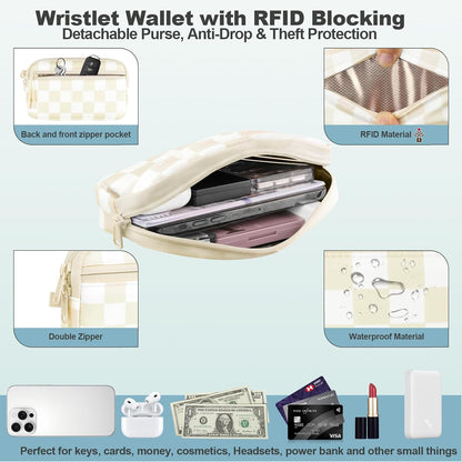Clip and Go Strap for Phone with Wallet Crossbody, Adjustable Phone Lanyard with Detachable RFID Wristlet Wallet, Phone Strap with Phone Tabs for All Phones, Cream Checkered (L)