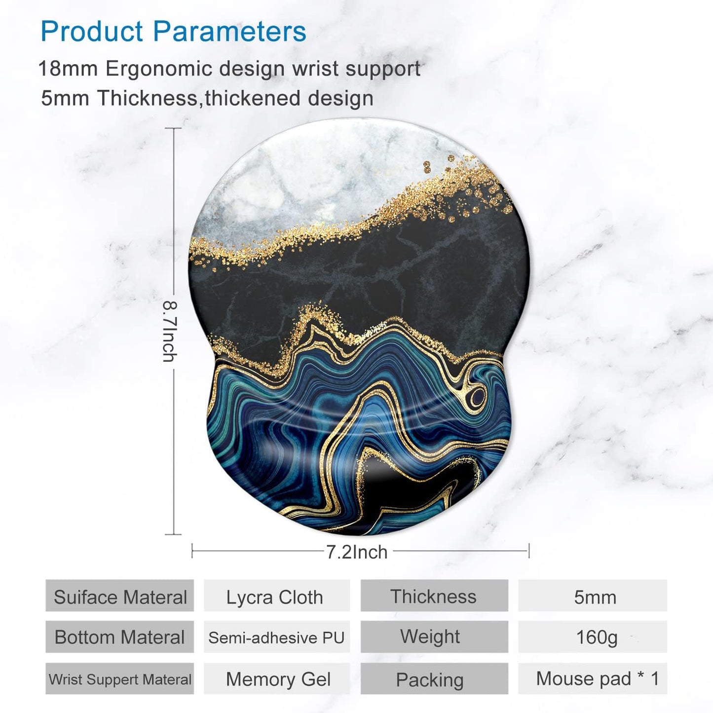 ITNRSIIET Ergonomic Mouse Pad with Gel Wrist Support Small Wrist Rest Smooth Surface Non-Slip PU Base Comfortable Office Supplies Pain Relief, 8.7 x 7.2 inches, Abstract Art Marble