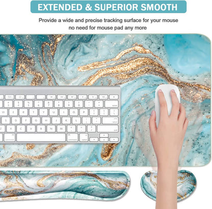 Keyboard Mouse Pad Set, Extended Mouse Pad+Keyboard Wrist Rest Support, Memory Foam Ergonomic Easy Typing, 3Pcs (35.4×15.7 in) Desk Pad Set for Home Office Study Game-Green Marble
