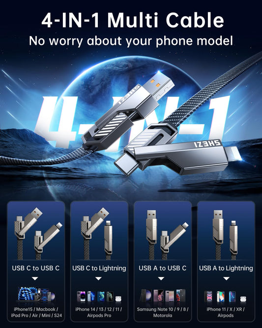 4-in-1 USB C Cable 60W 5FT Compatible with Lightning Cable [Fast Charging & Data Transfer] Flat Nylon Braided for iPhone iPad Charger Cord, Multi Charge Wire Combo with L/Type C/USB A Port