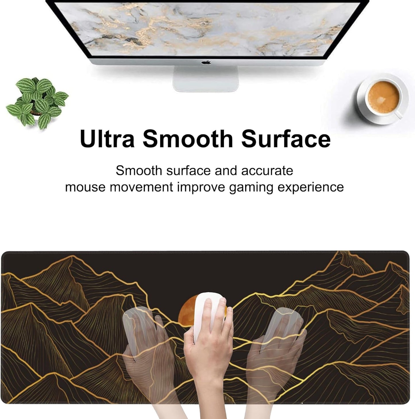 Golden Mountain and Moon Desk Mat,Large Luxury Gold Line Art Gaming Keyboard Mouse Pad,Non-Slip Rubber Base Desk Pad Thick Stitched Edges Waterproof Mousepad Mouse Mat 31.5"x11.8"